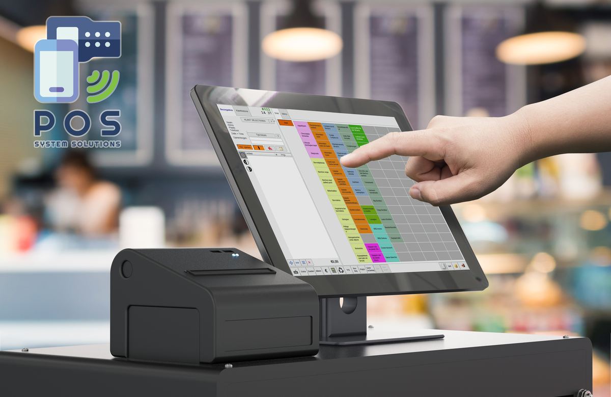 Touchscreen kassa met het bestelscherm: bezorgadres en menu met producten