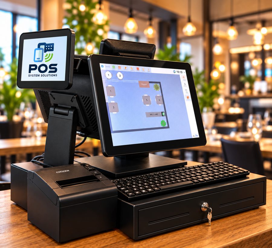 Kassasysteem met aanraakscherm, klantendisplay, bonprinter, toetsenbord en kassalade